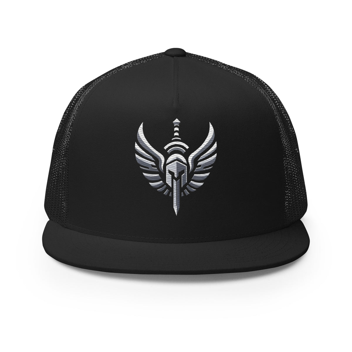 Front view of black Archangel HQ five-panel trucker hat