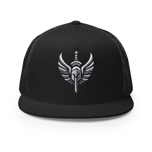 Front view of black Archangel HQ five-panel trucker hat