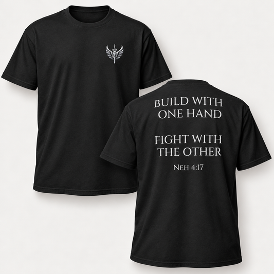 Build and Fight Tee — front and back views